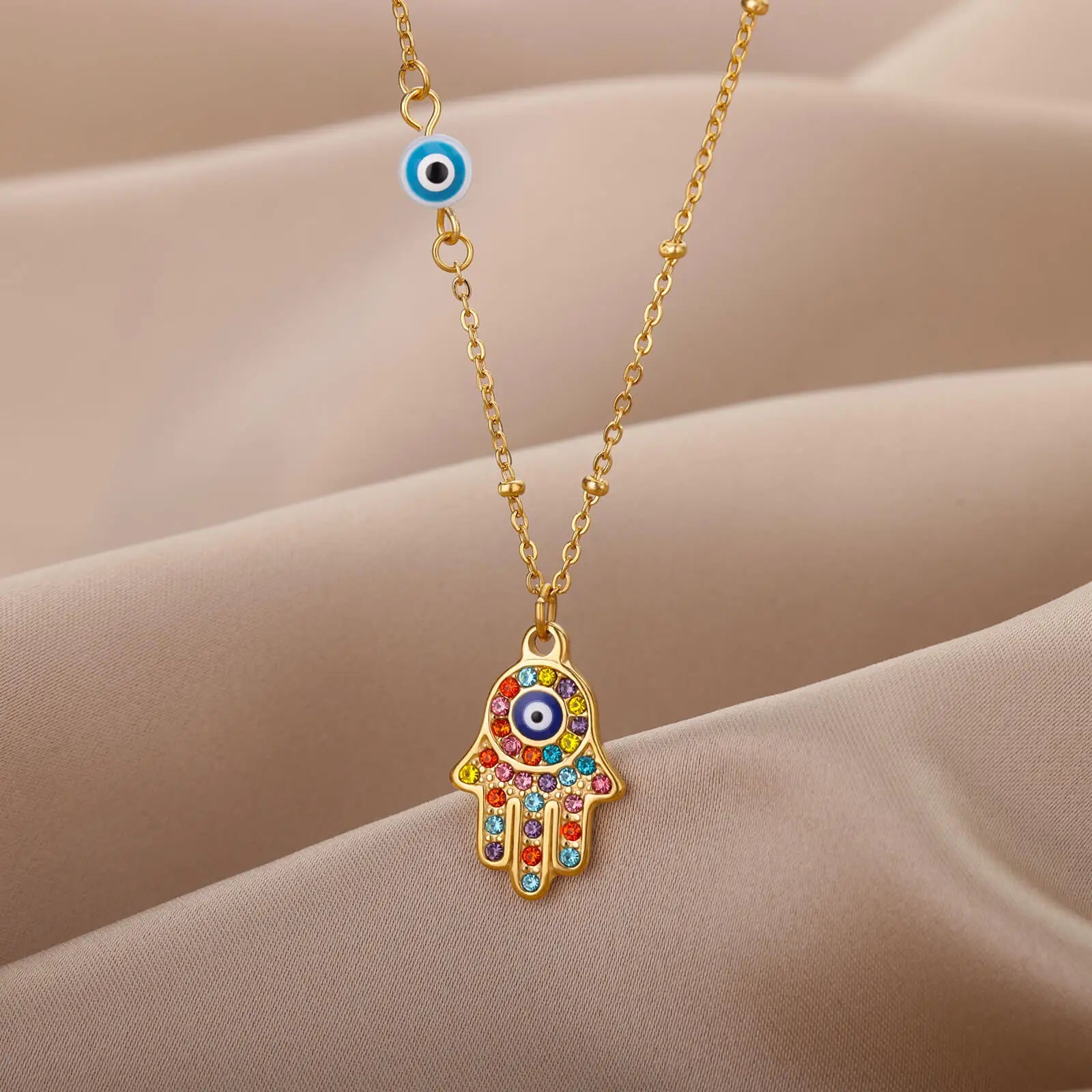 Collar con colgante de protección contra el mal de ojo y mano de Fátima multicolor árabe oro