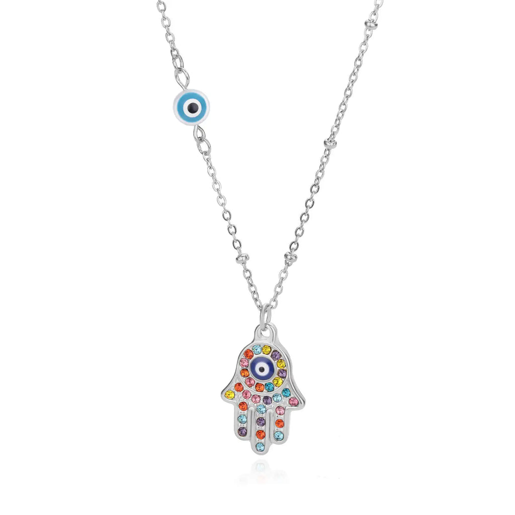 Collar con colgante de protección contra el mal de ojo y mano de Fátima multicolor árabe plata