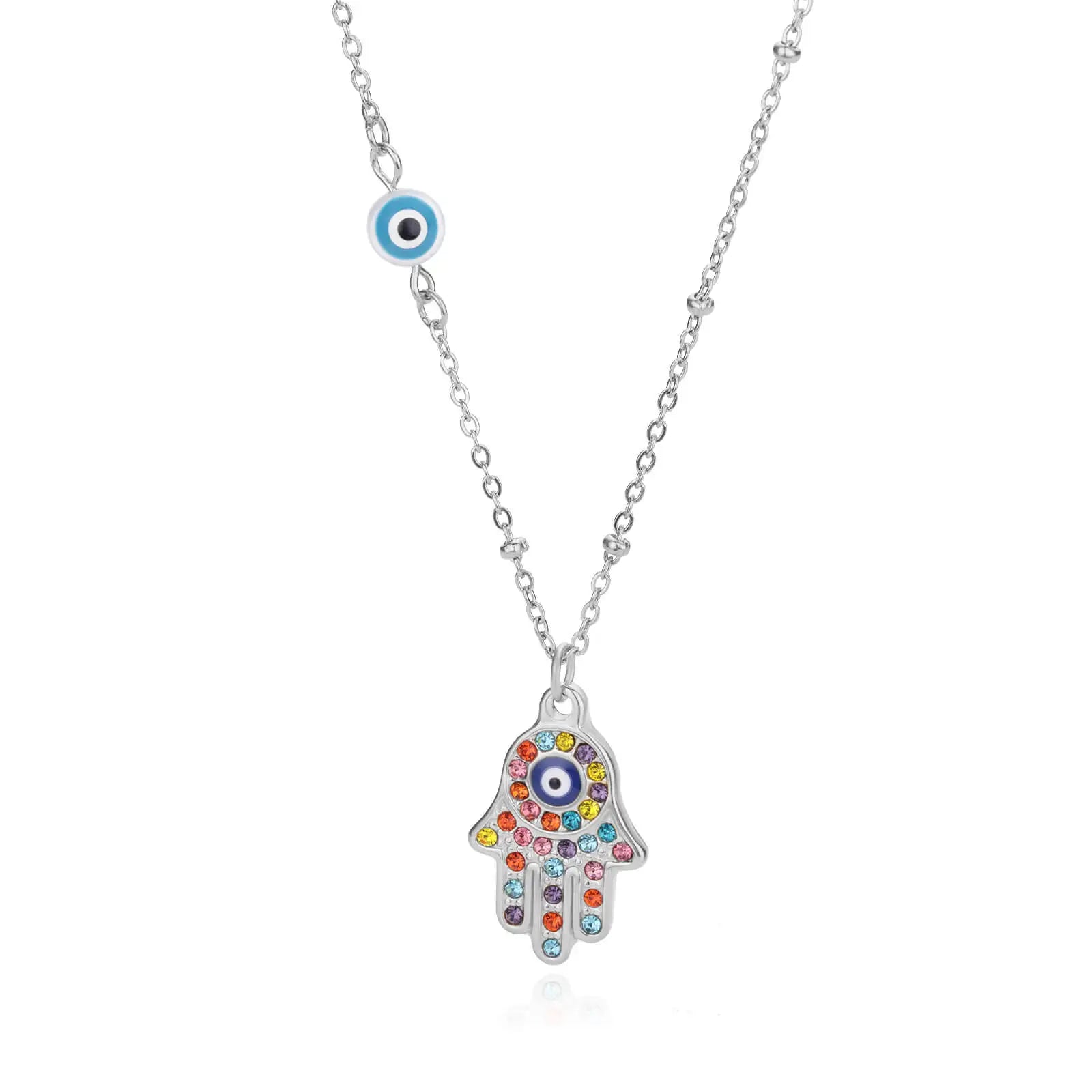 Collar con colgante de protección contra el mal de ojo y mano de Fátima multicolor árabe plata