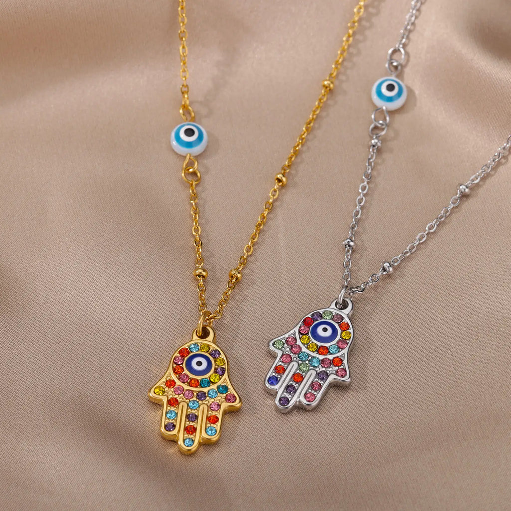 Collar con colgante de protección contra el mal de ojo y mano de Fátima multicolor árabe plata