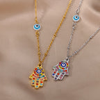 Collar con colgante de protección contra el mal de ojo y mano de Fátima multicolor árabe plata