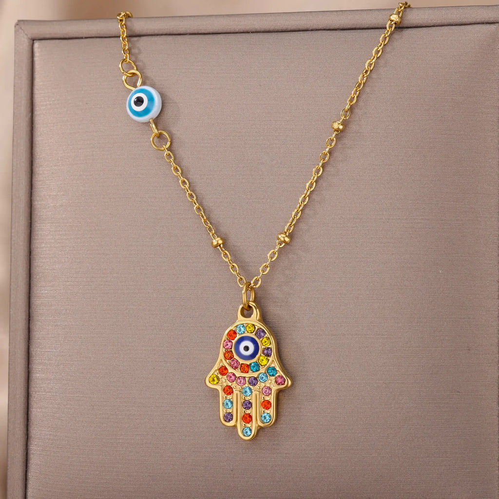 Collar con colgante de protección contra el mal de ojo y mano de Fátima multicolor árabe oro