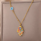 Collar con colgante de protección contra el mal de ojo y mano de Fátima multicolor árabe oro