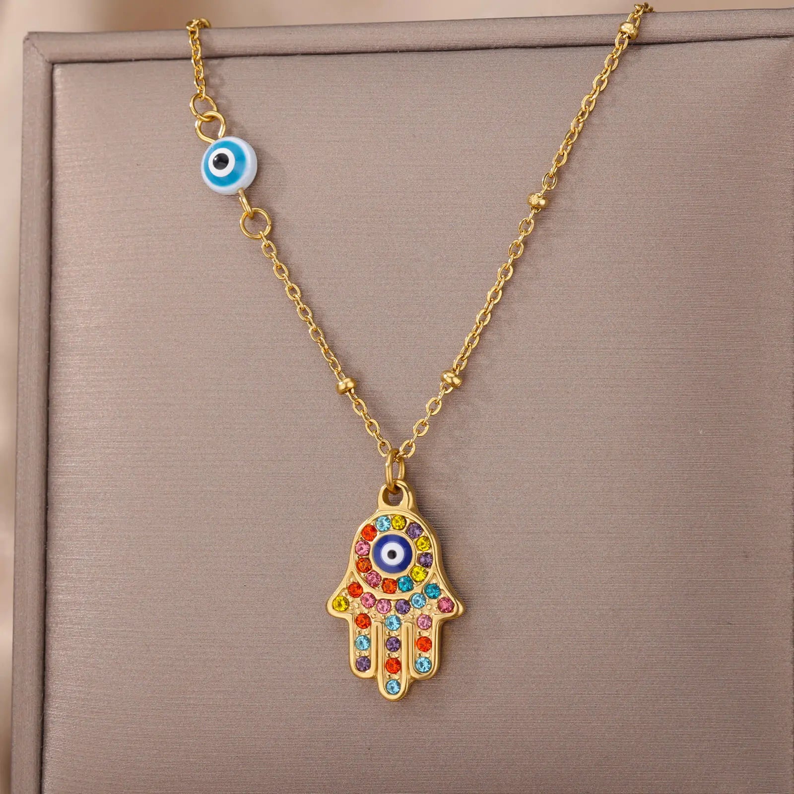 Collar con colgante de protección contra el mal de ojo y mano de Fátima multicolor árabe oro