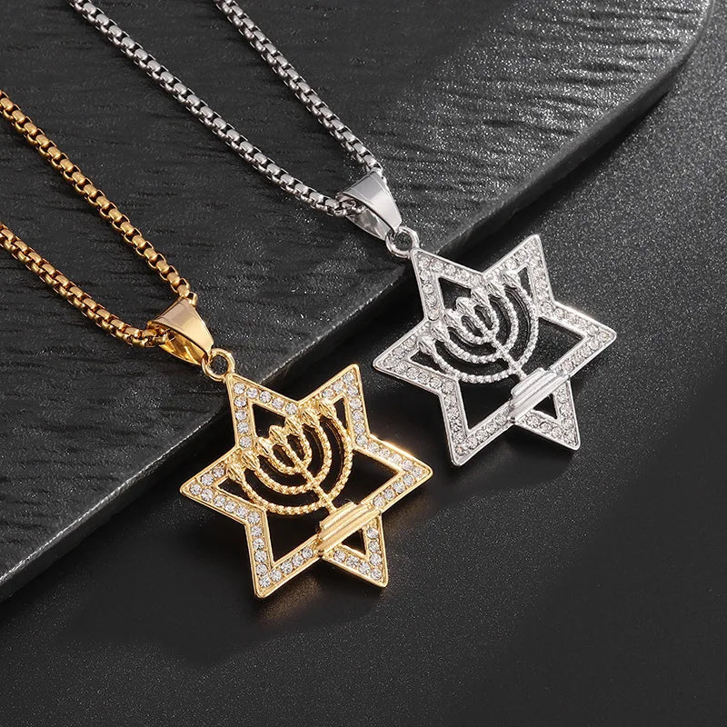 Collar con colgante de estrella de David y símbolo de la identidad judía Menorá oro