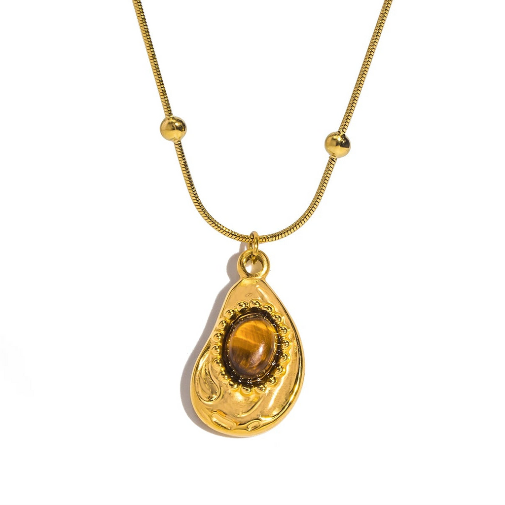Necklace with teardrop pendant in natural tiger's eye stone