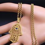 Collar con colgante de protección contra el mal de ojo y mano de Fátima árabe musulmán oro