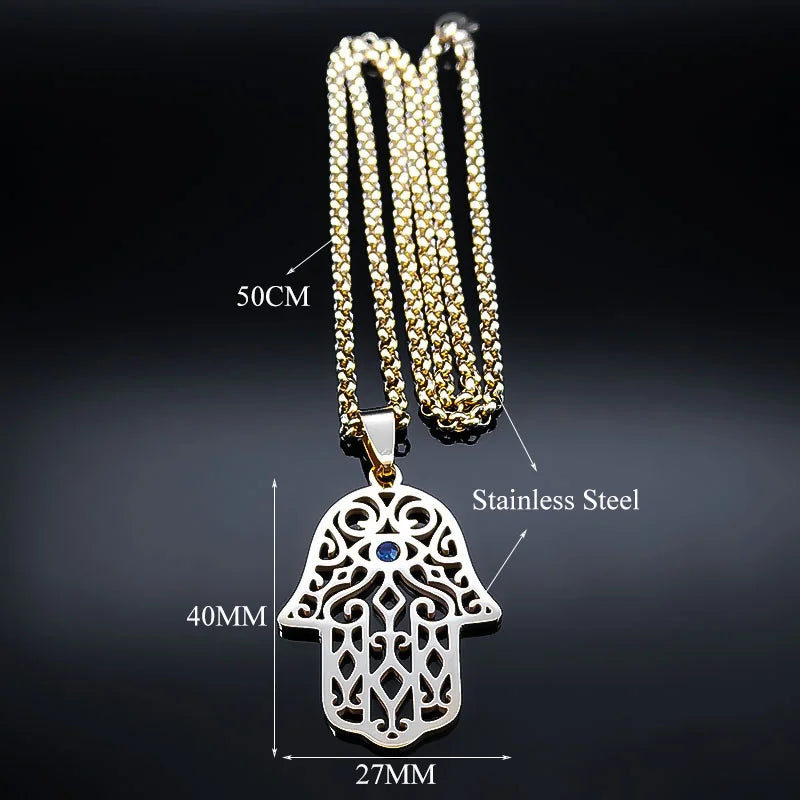 Collar con colgante de protección contra el mal de ojo y mano de Fátima árabe musulmán