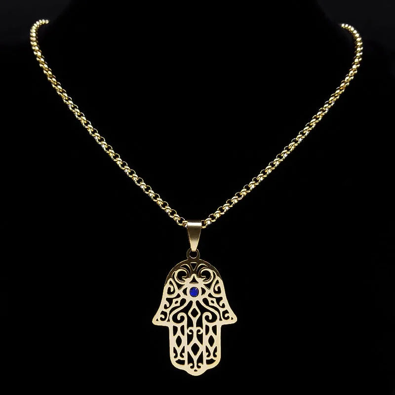 Collar con colgante de protección contra el mal de ojo y mano de Fátima árabe musulmán oro