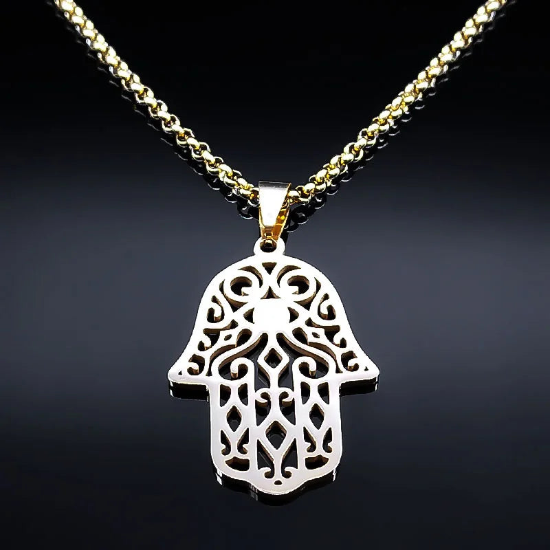 Collar con colgante de protección contra el mal de ojo y mano de Fátima árabe musulmán