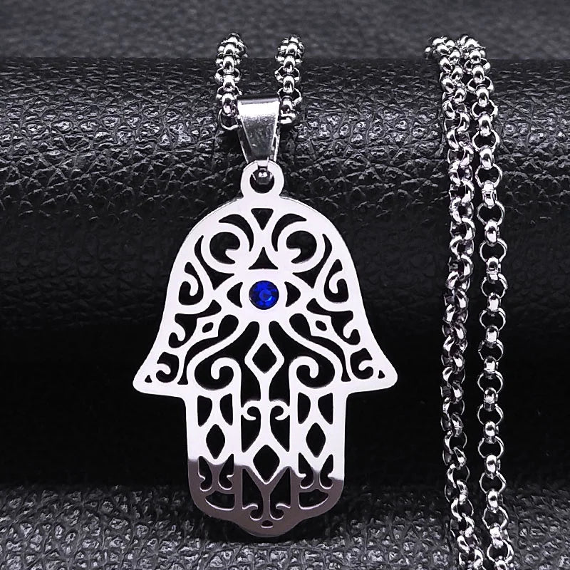 Collar con colgante de protección contra el mal de ojo y mano de Fátima árabe musulmán plata
