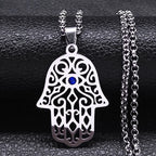 Collar con colgante de protección contra el mal de ojo y mano de Fátima árabe musulmán plata