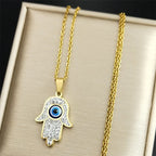 Collar largo con colgante de protección contra el mal de ojo y mano de Fatma árabe oro
