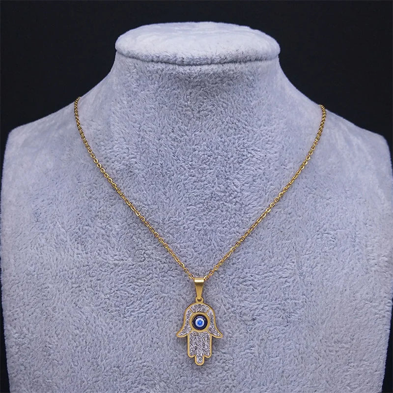 Collar largo con colgante de protección contra el mal de ojo y mano de Fatma árabe