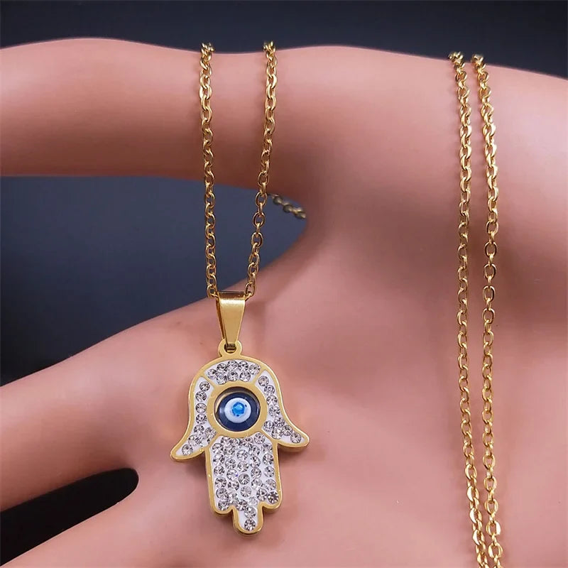 Collar largo con colgante de protección contra el mal de ojo y mano de Fatma árabe oro