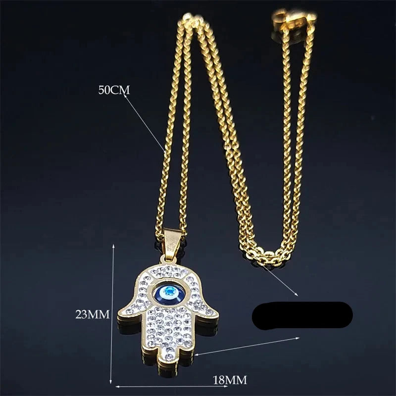Collar largo con colgante de protección contra el mal de ojo y mano de Fatma árabe