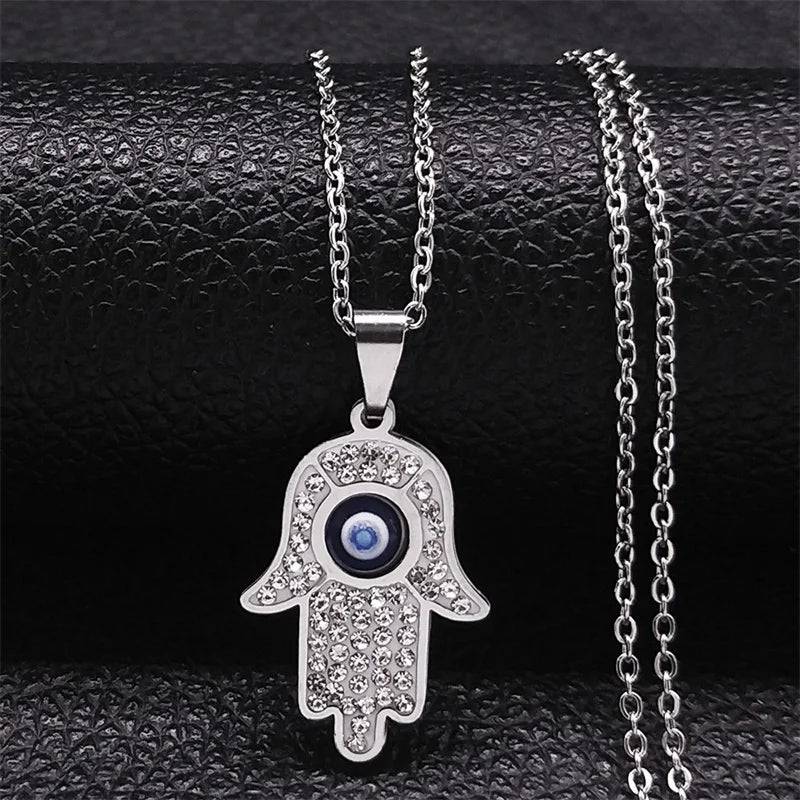 Collar largo con colgante de protección contra el mal de ojo y mano de Fatma árabe plata