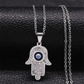 Collar largo con colgante de protección contra el mal de ojo y mano de Fatma árabe plata