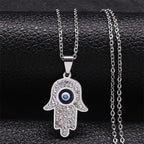 Collar largo con colgante de protección contra el mal de ojo y mano de Fatma árabe plata