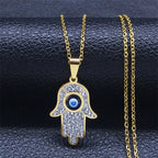 Collar largo con colgante de protección contra el mal de ojo y mano de Fatma árabe oro