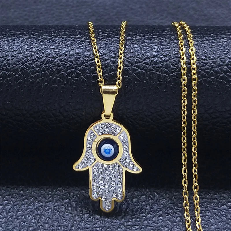 Collar largo con colgante de protección contra el mal de ojo y mano de Fatma árabe oro
