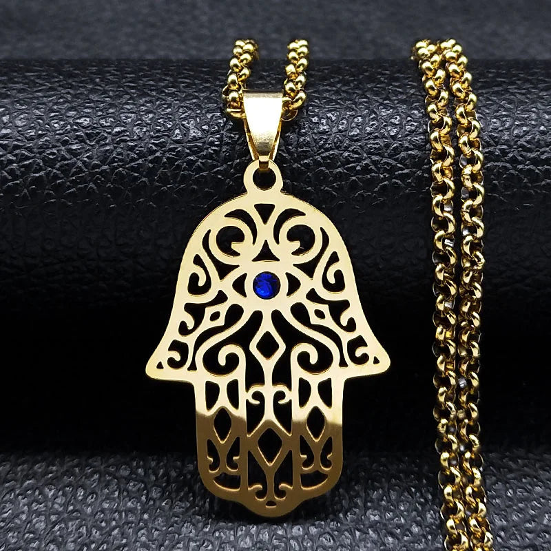 Collar con colgante de protección contra el mal de ojo y mano de Fátima árabe musulmán oro
