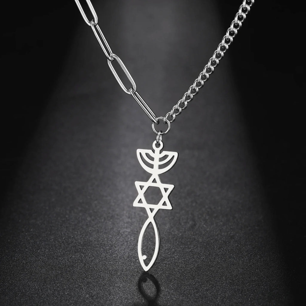 Collar con colgante de Menorá Mesiánica y la estrella de David en plata