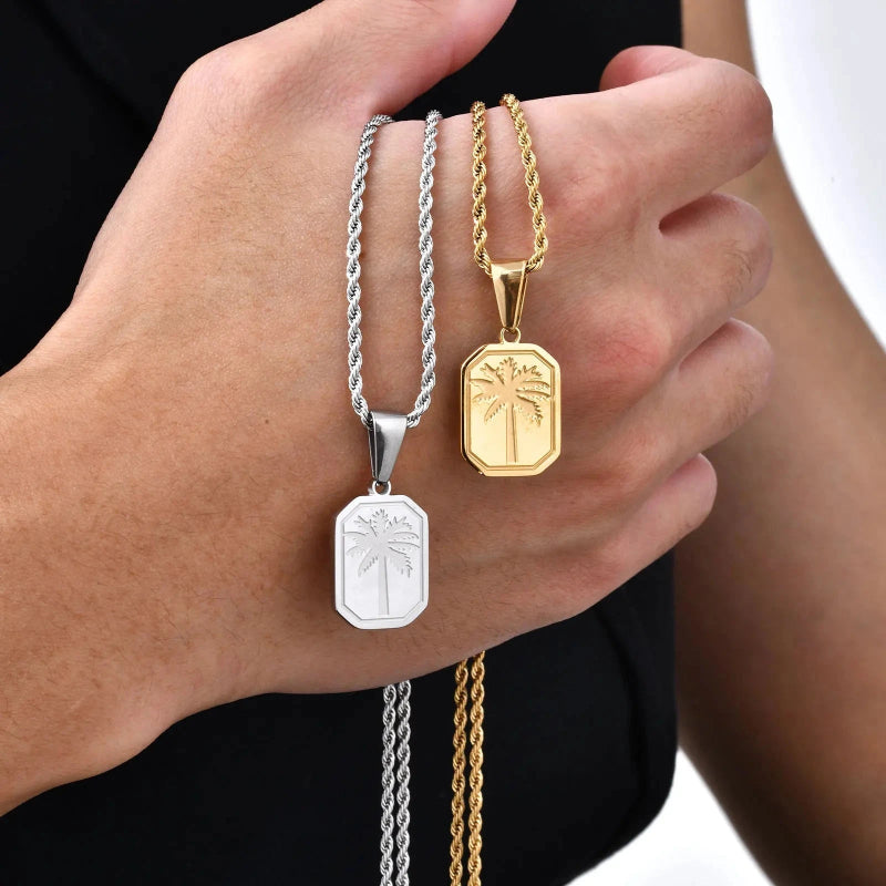 Collar con Colgante Rectangular de Palma plateado