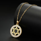Collar con colgante redondo con símbolo judío estrella de David oro