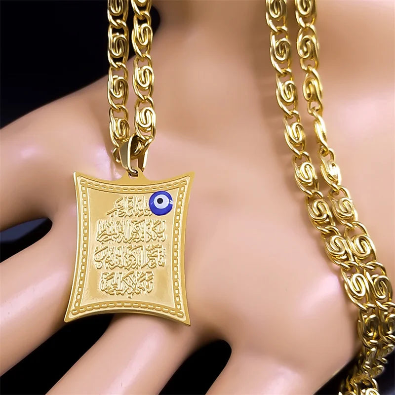Collar largo con colgante amuleto Ayatul Kursi árabe islam musulmán oro