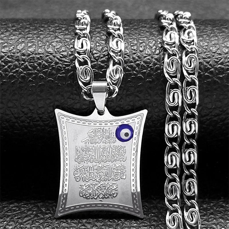 Collar largo con colgante amuleto Ayatul Kursi árabe islam musulmán plata