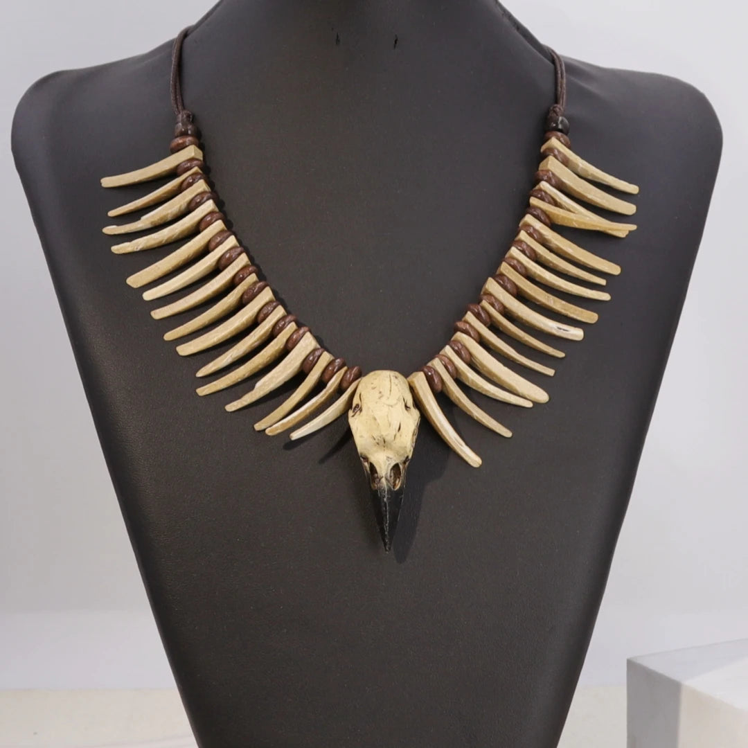 Necklace with "Odin" skull pendant and skeleton in bone-effect resin