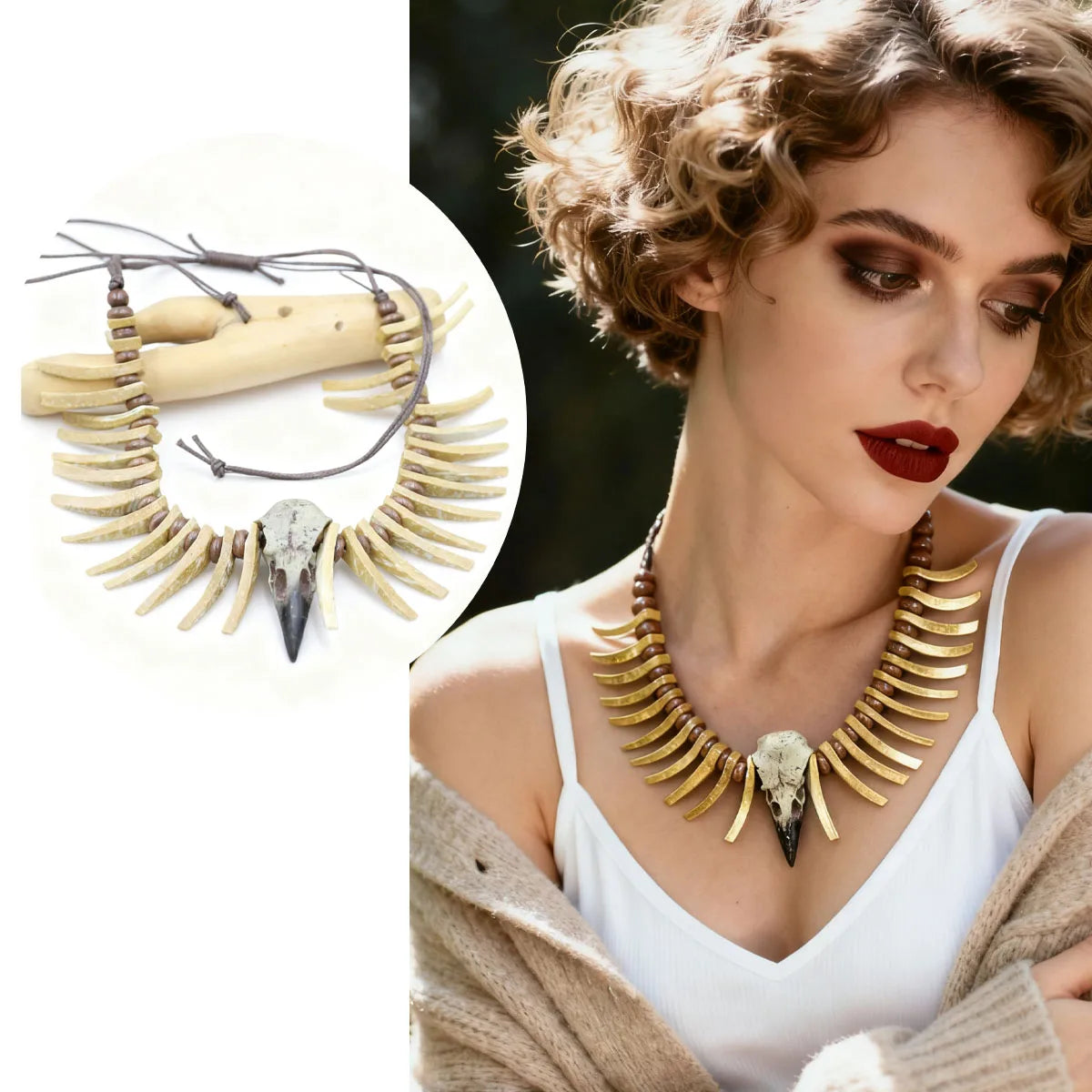 Necklace with "Odin" skull pendant and skeleton in bone-effect resin