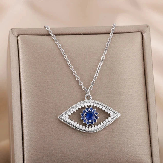 Collar con colgante de circonio contra el mal de ojo azul turco plata