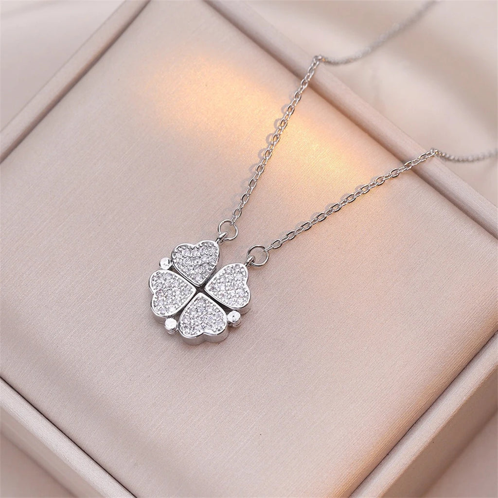 Collar Gargantilla con Colgantes de Corazones Trébol de 4 Hojas para Mujer plata