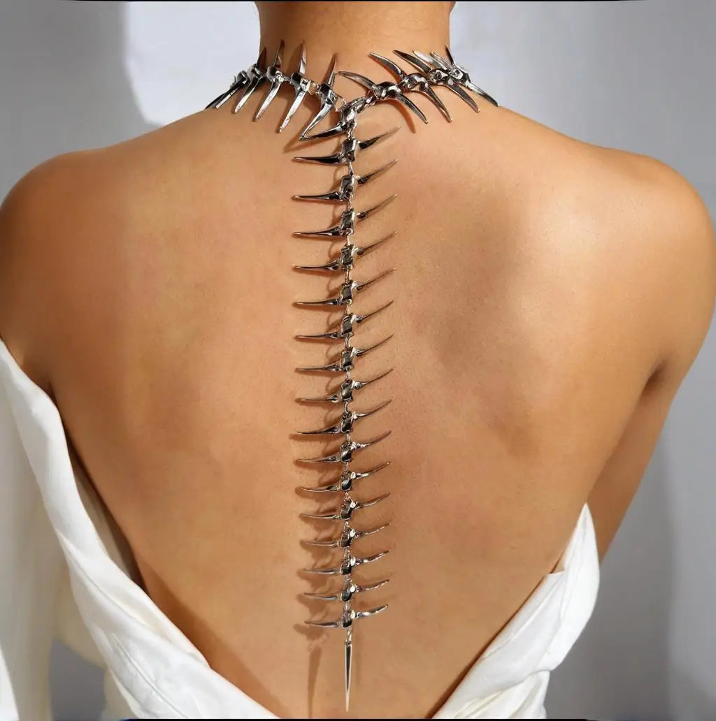 Back necklace with skeleton and skull pendant silver