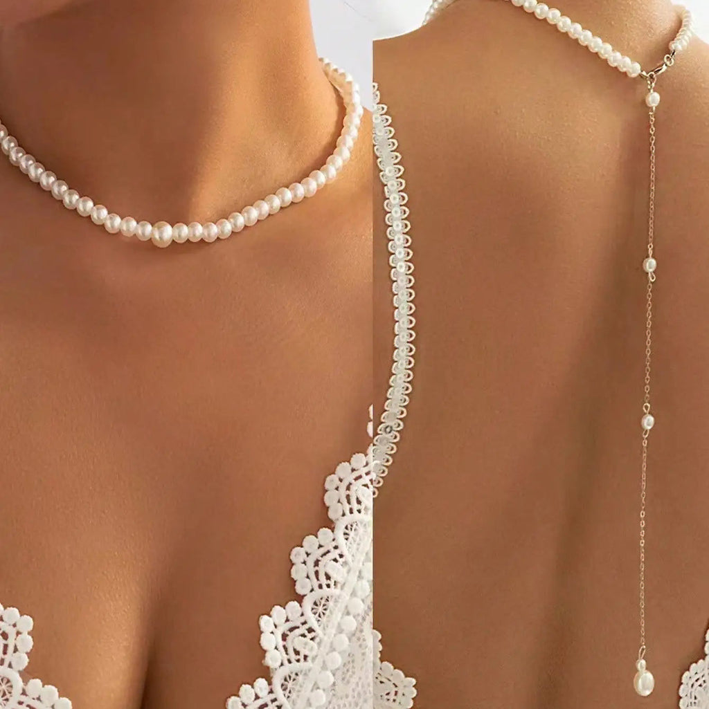 Collar de espalda con perlas - cadena dorsal para mujer