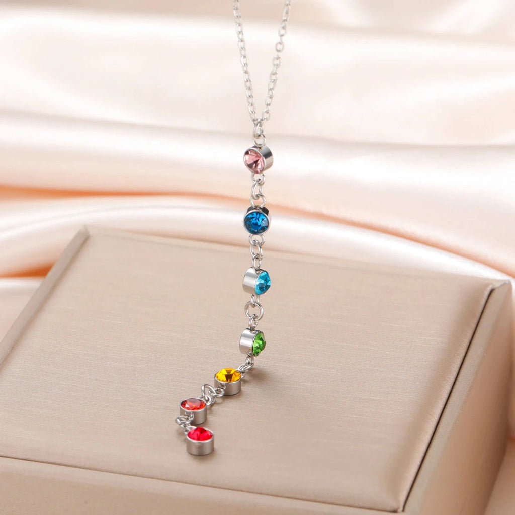 Collar de Protección con Largo Colgante de Piedras 7 Chakras plata