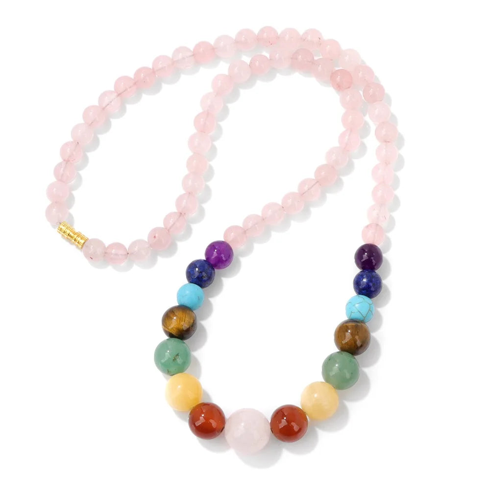 Collar de Protección con Colgante de Piedras 7 Chakras cuarzo rosa