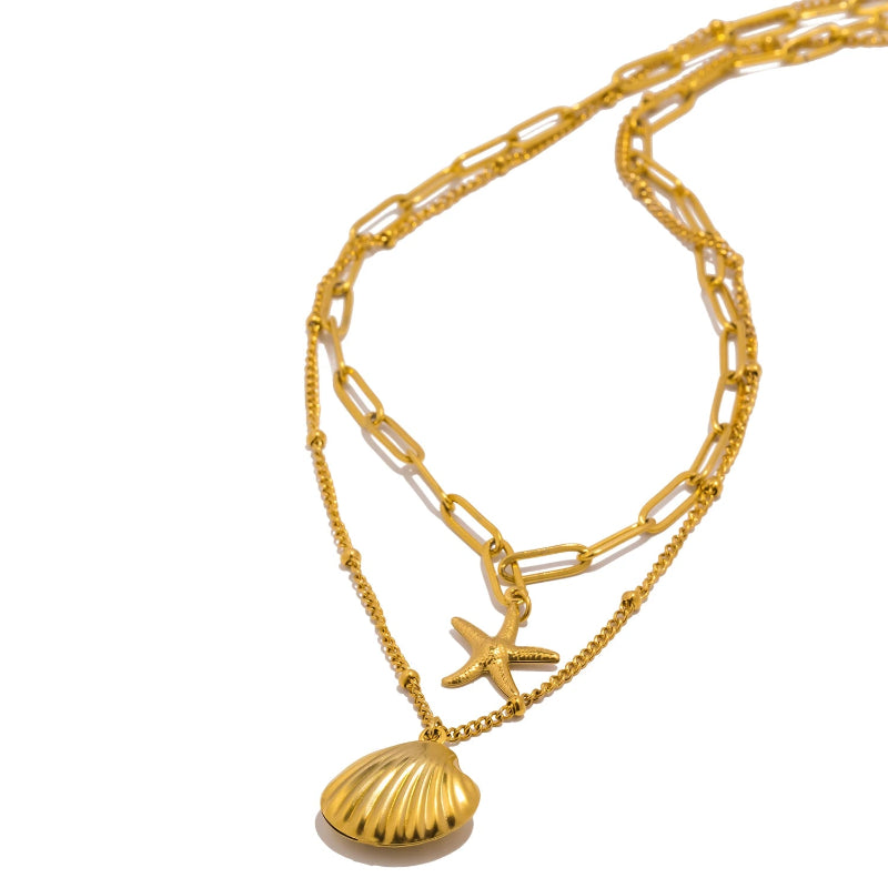 Collar de Doble Vuelta con Colgantes de Conchas Vieira y Estrella de Mar