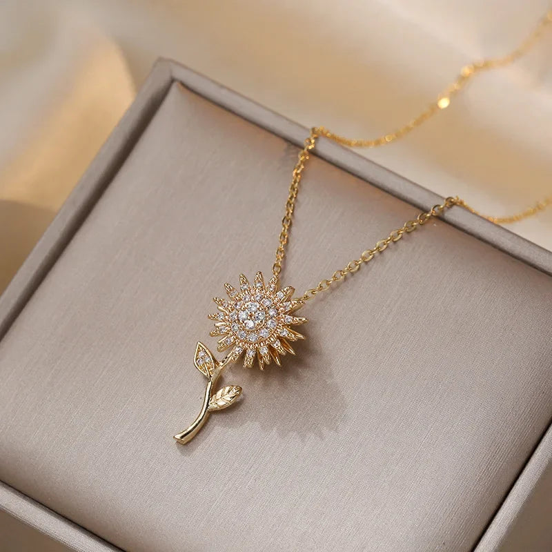 Collar Elegante con Colgante Largo de Flor de Girasol