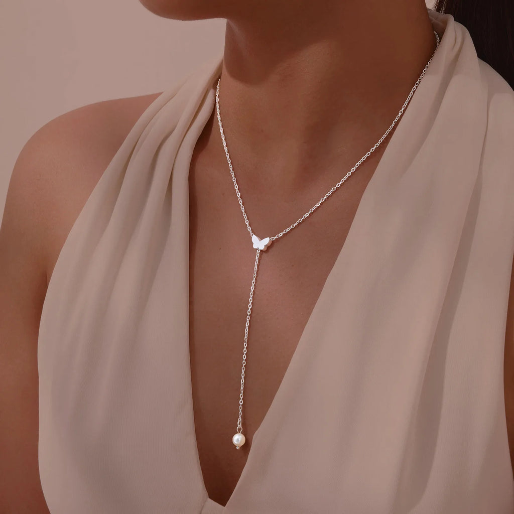 Collar en Y - cadena de escote mariposa para mujer plata