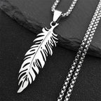 Collar y colgante pluma de acero inoxidable plata