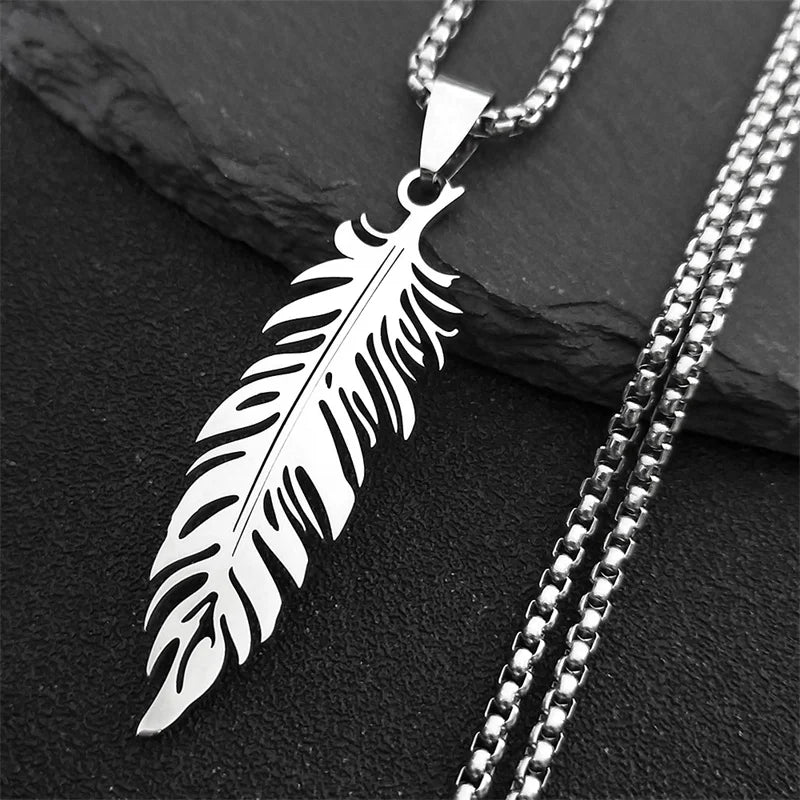Collar y colgante pluma de acero inoxidable plata