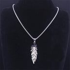 Collar y colgante pluma de acero inoxidable plata