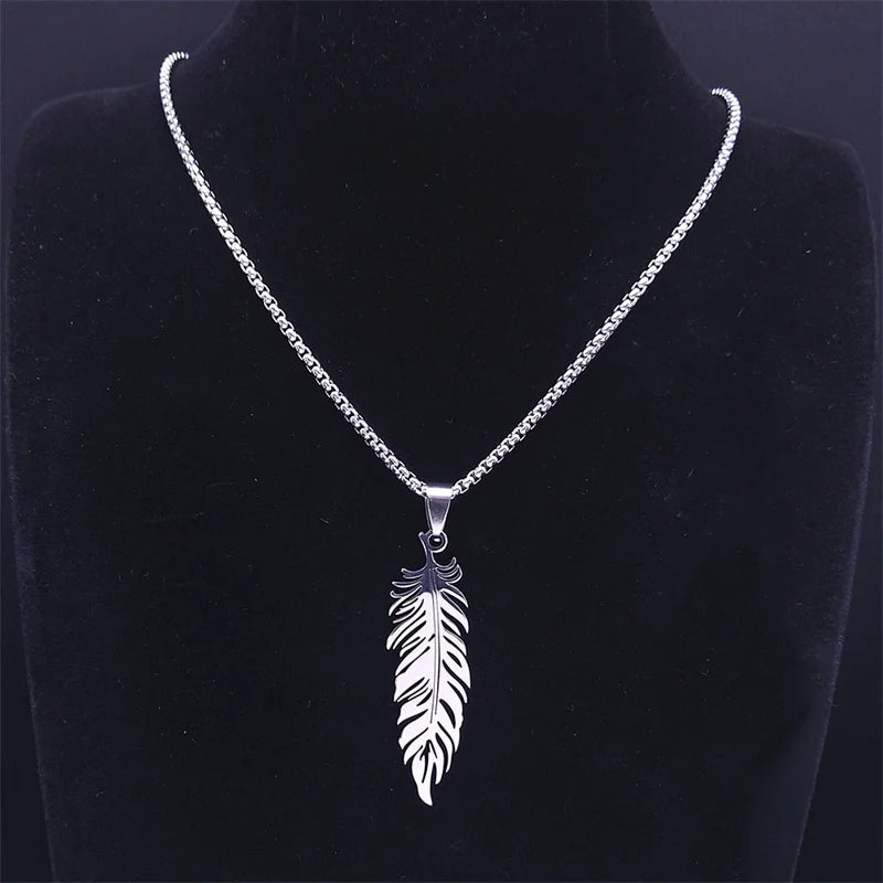 Collar y colgante pluma de acero inoxidable plata