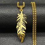 Collar y colgante pluma de acero inoxidable oro