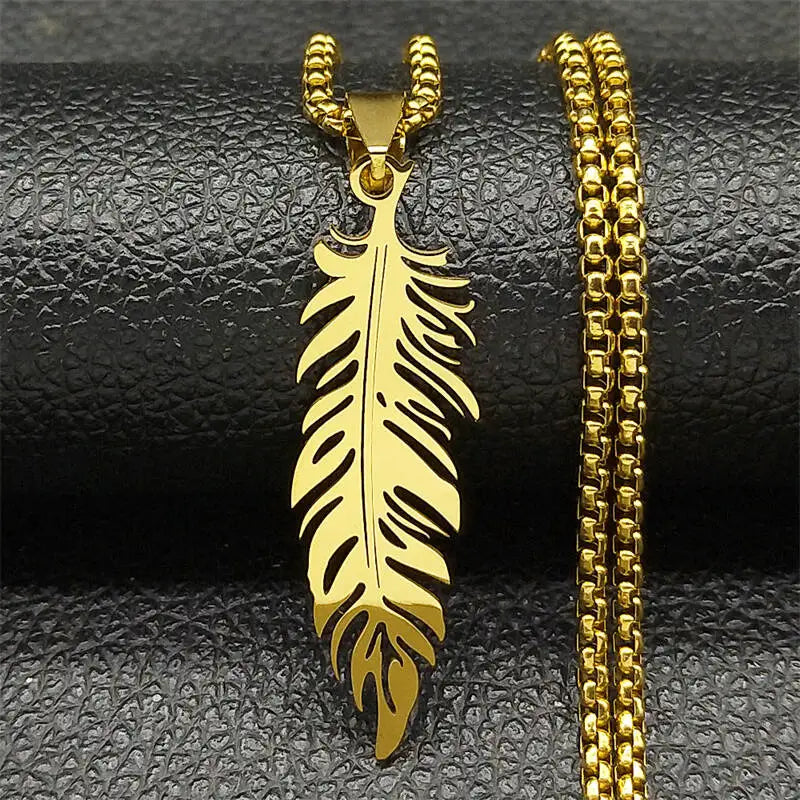 Collar y colgante pluma de acero inoxidable oro