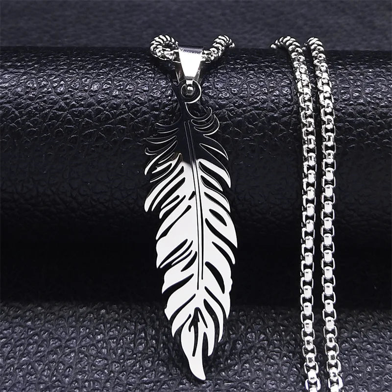 Collar y colgante pluma de acero inoxidable plata