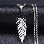 Collar y colgante pluma de acero inoxidable plata